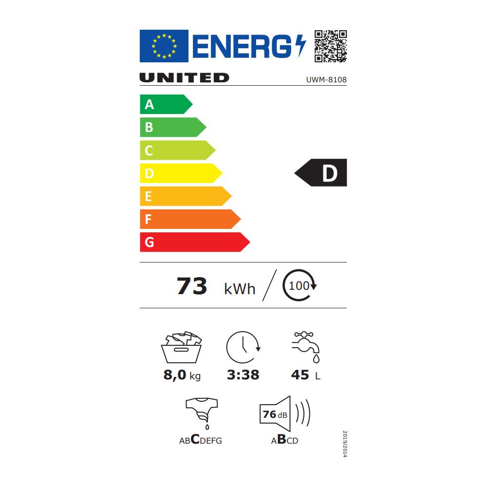 United UWM-8108 Πλυντήριο Ρούχων 8kg 1000 Στροφών
