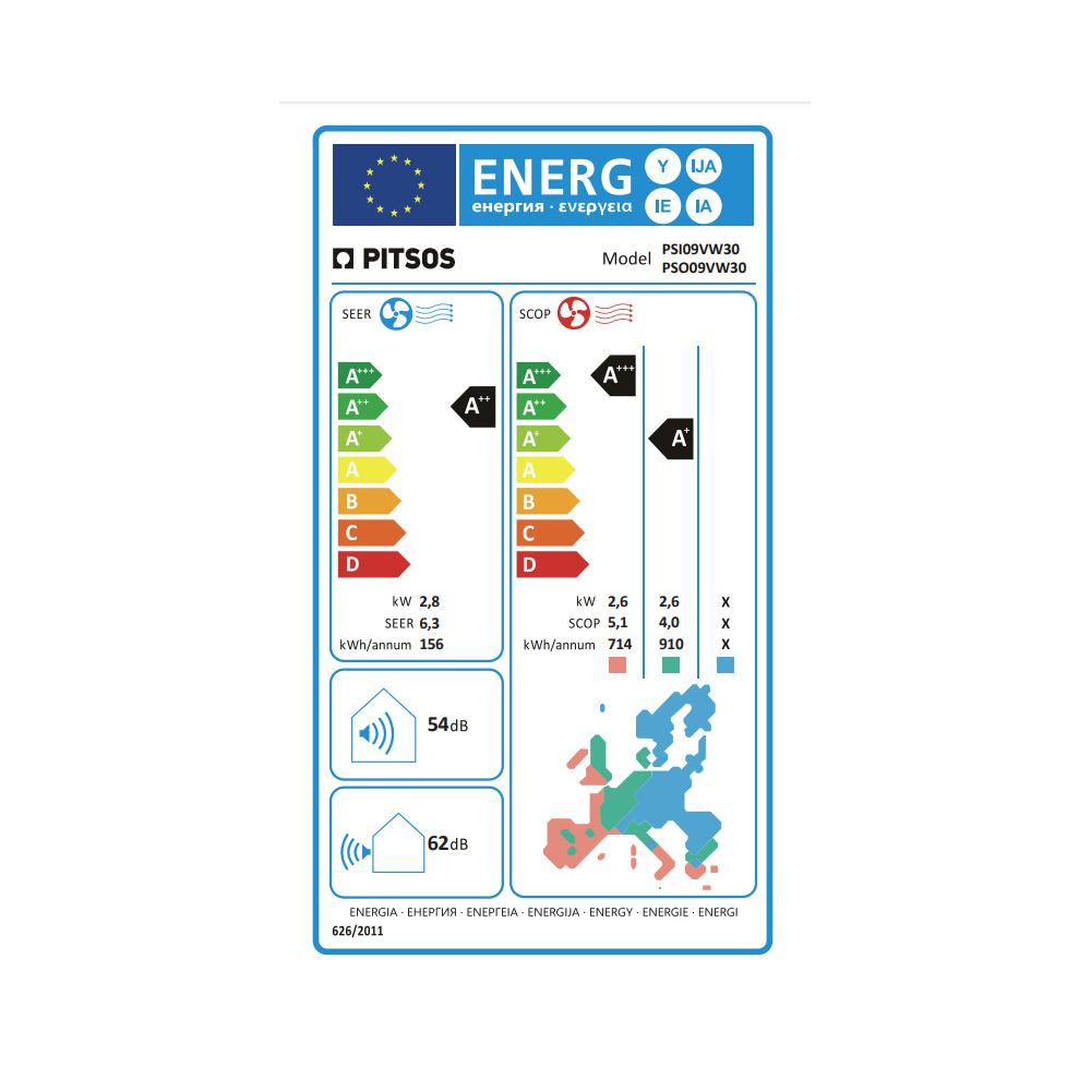 Pitsos Nefeli Standard PSI09VW30 / PSO09VW30 Κλιματιστικό Inverter 9000 BTU A++/A+ με Ιονιστή