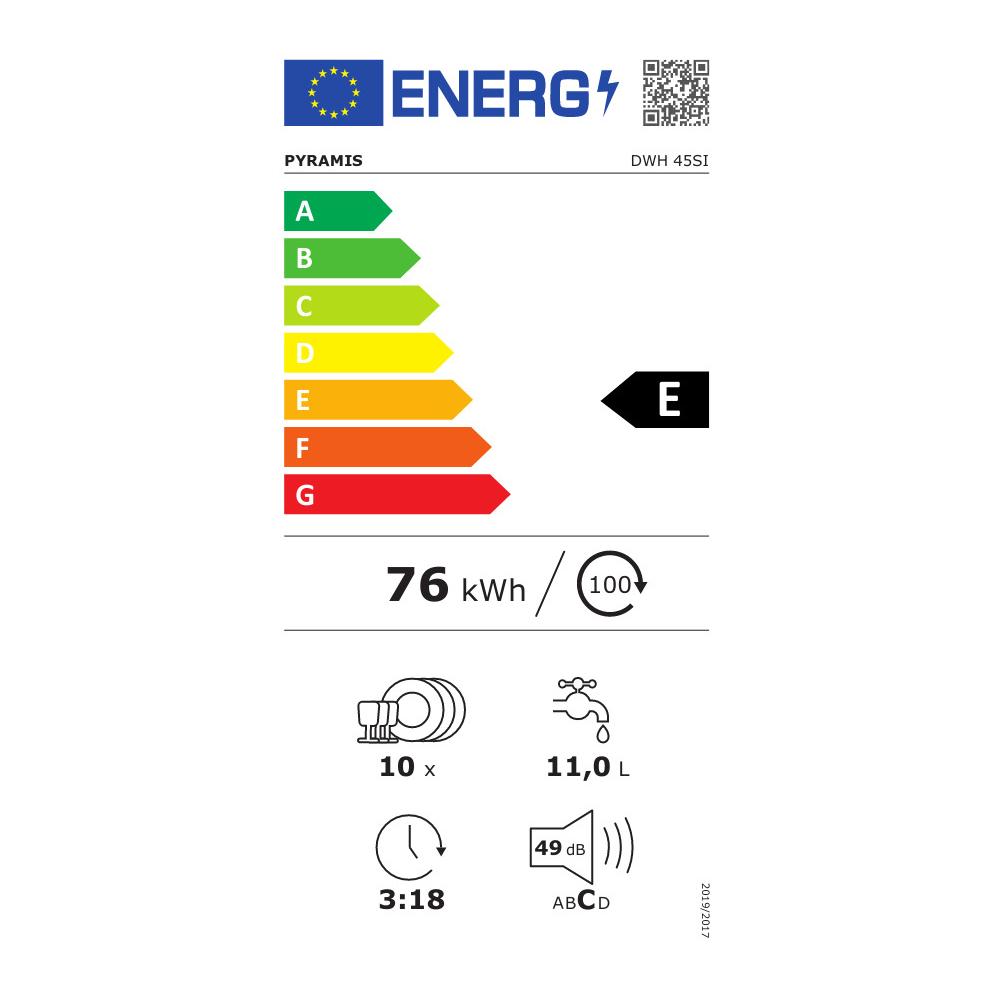 Pyramis DWH 45SI Εντοιχιζόμενο Πλυντήριο Πιάτων για 10 Σερβίτσια Π44.8xY82εκ. Inox