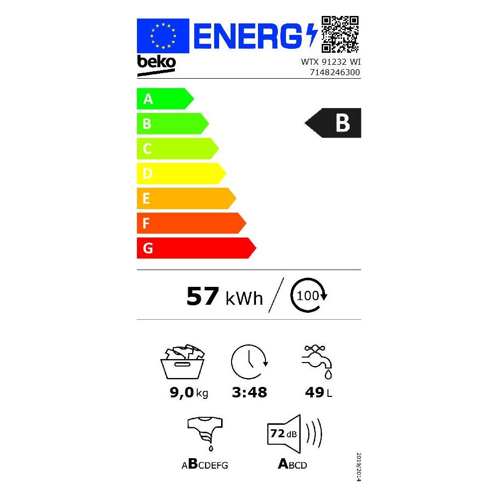 Beko WTX 91232 WI Πλυντήριο Ρούχων 9kg 1200 Στροφών