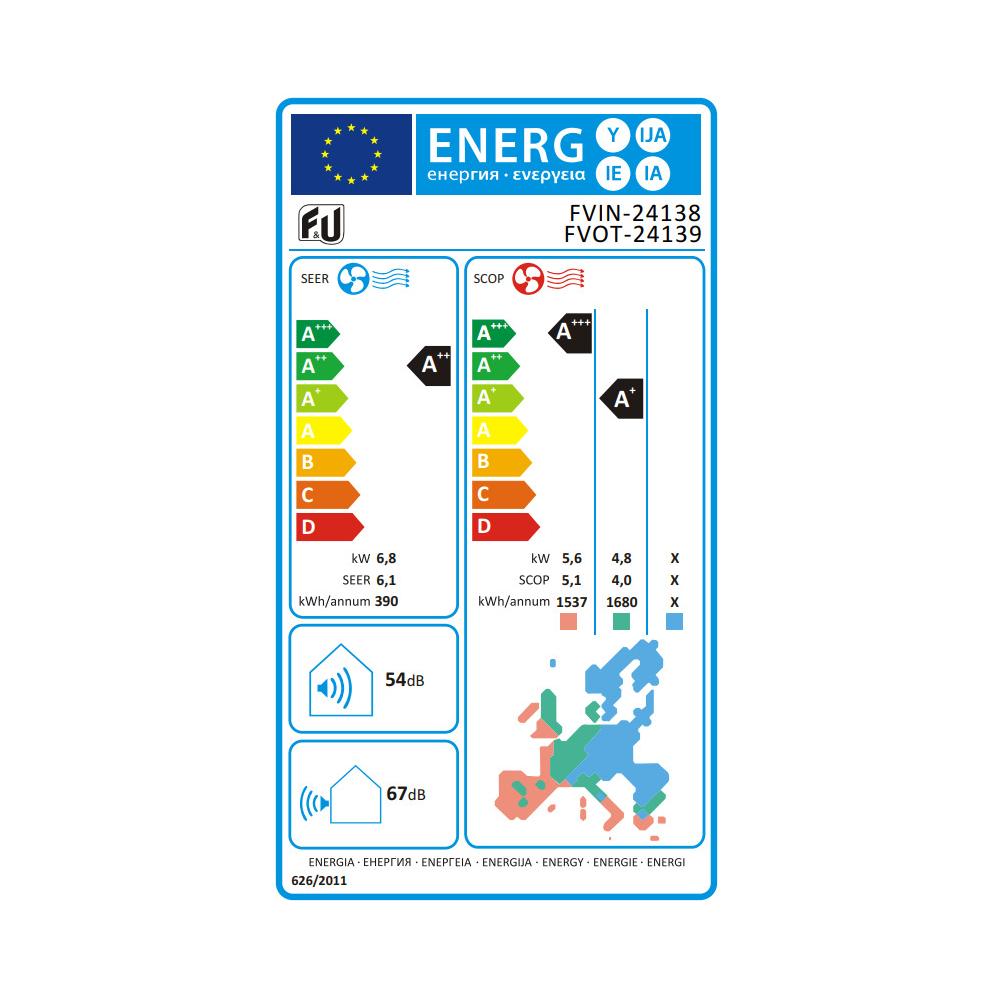 F&U FVIN-24138/FVOT-24139 Κλιματιστικό Inverter 24000 BTU A++/A+ με WiFi