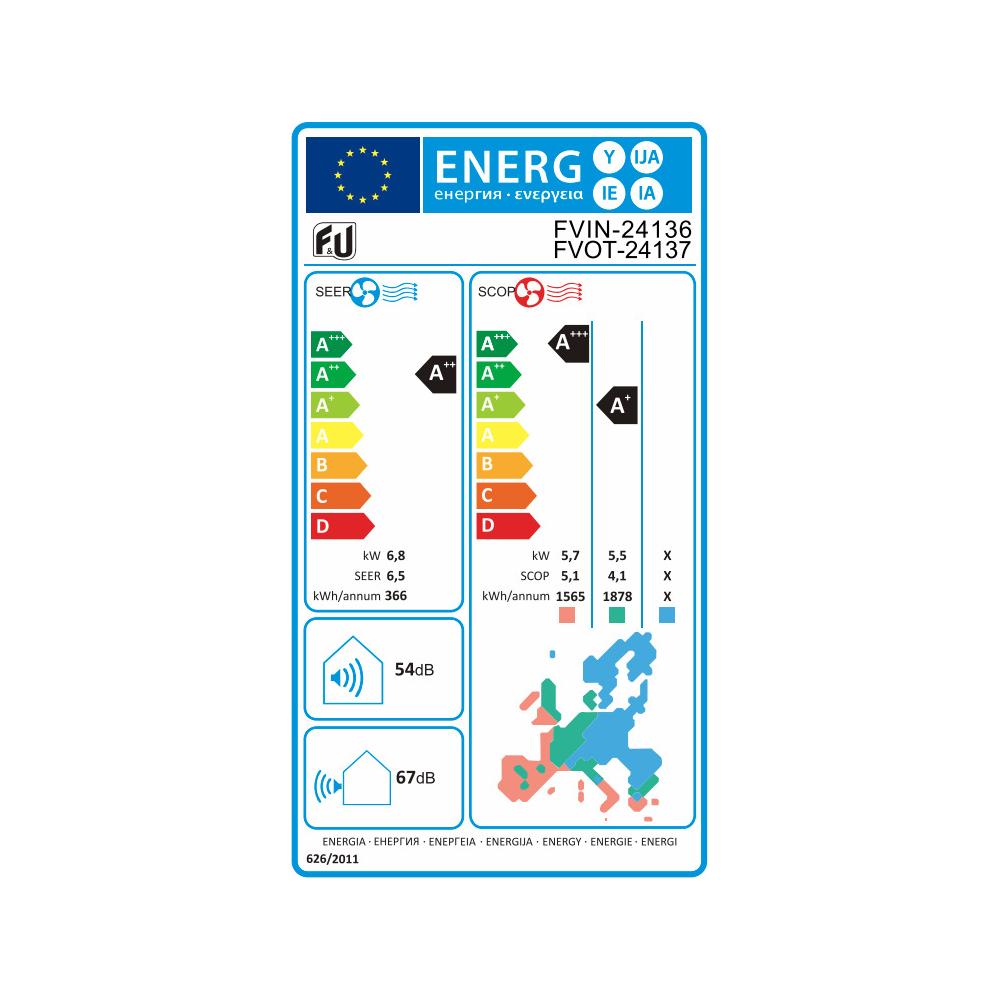 F&U FVIN-24136/FVOT-24137 Κλιματιστικό Inverter 24000 BTU A++/A+ με WiFi