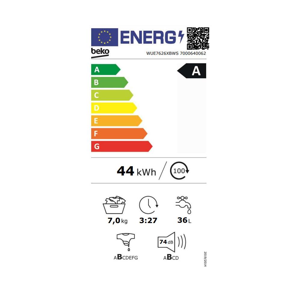 Beko WUE7626XBWS Πλυντήριο Ρούχων 7kg με Ατμό 1200 Στροφών Λευκό με XL μαύρη πόρτα