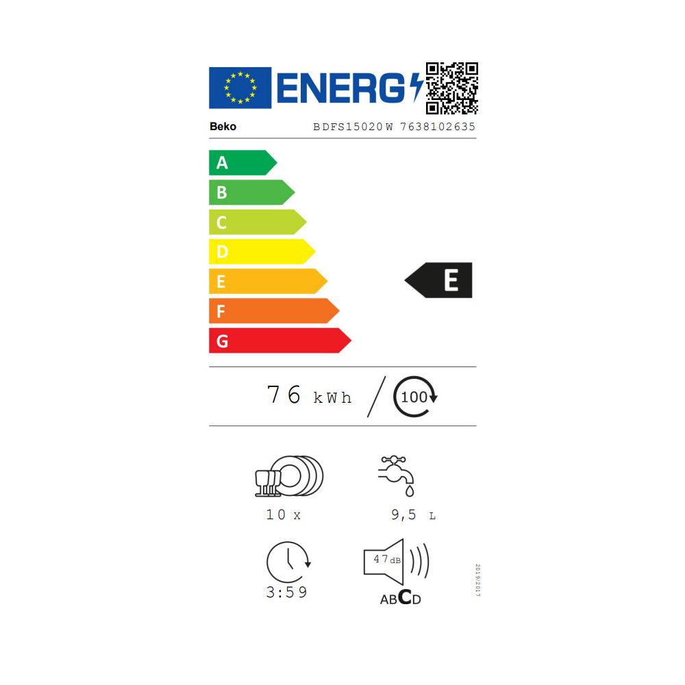 Beko BDFS15020W Ελεύθερο Πλυντήριο Πιάτων για 10 Σερβίτσια Π44.8xY85εκ. Λευκό