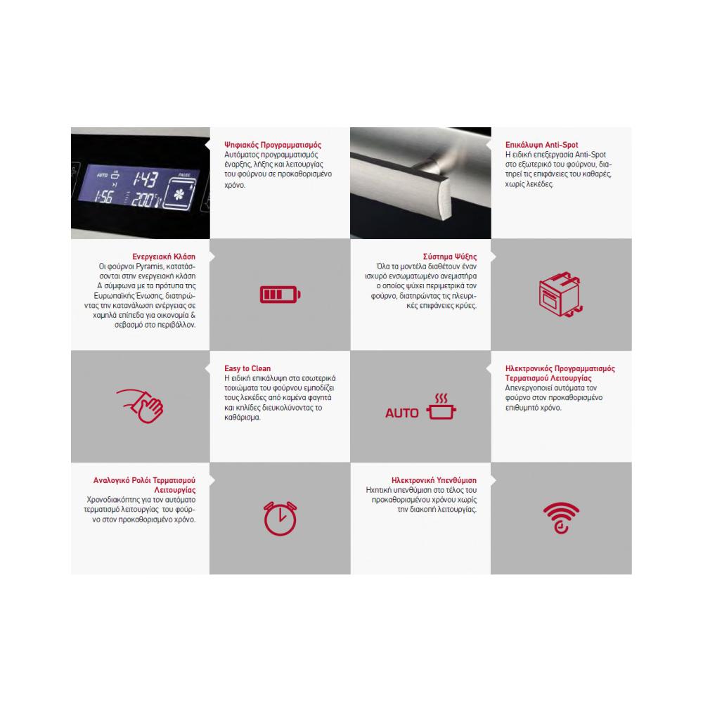 Pyramis 60ΑΠ 1045 Φούρνος άνω Πάγκου 66lt χωρίς Εστίες Π59.5εκ. Inox